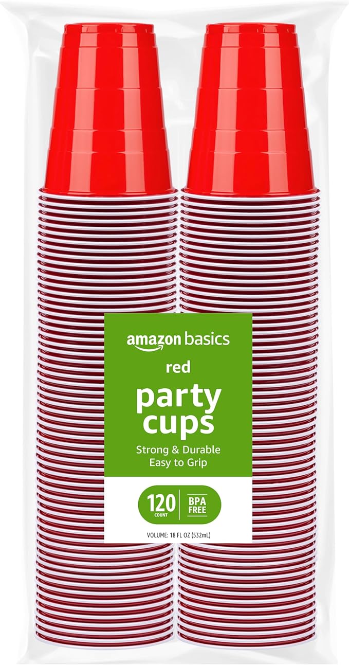 Amazon Basics Disposable Red Plastic Party Cups, BPA-Free, 18oz, for Birthdays, BBQs and Events, 120 Count
