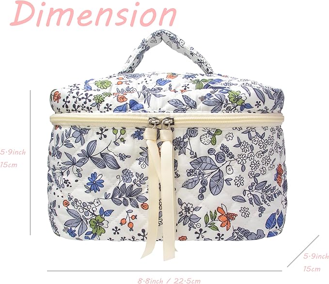 PAZIMIIK Quilted Makeup Bag Large Travel Zipper Soft Cosmetic Case for Women Girls Make Up, Leaf White