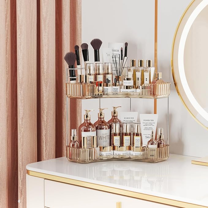 2-Tier Corner Bathroom Counter Organizer with Top Toothbrush Holders,Large Makeup Organizer Countertop with Brush Holder,Skincare Organizers Corner,Exquisite Vanity Organizer (Gold, 2 Tier)