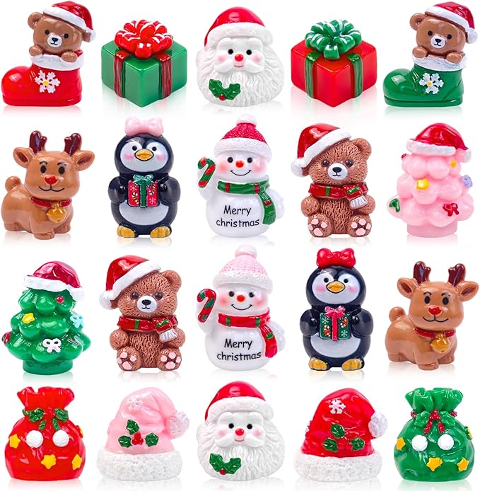 20 Pcs Mini Christmas Figurines Decoration Tiny Resin Snowman Santa Claus Animals Xmas Miniature Figures for Holiday DIY Crafts Garden Micro Landscape Party Home Table Decor