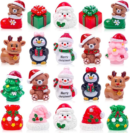 20 Pcs Mini Christmas Figurines Decoration Tiny Resin Snowman Santa Claus Animals Xmas Miniature Figures for Holiday DIY Crafts Garden Micro Landscape Party Home Table Decor