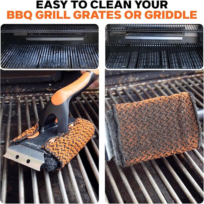 Proud Grill Q-Swiper XL Scrub-Clean BBQ Grill Cleaner Set - Long Bristle-Free Brush with Scraper & Scrub-Clean Reusable Cleaning Cloth, Grease & Grime Remover, Barbecue Cleaner for Outdoor Grilling