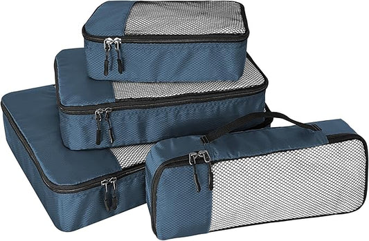 4-Piece Packing Cubes Travel Accessories Set for Suitcases - Luggage Organizer Bags with Double Zipper - Mesh Top - Small/Medium/Large/Slim - Dark Blue