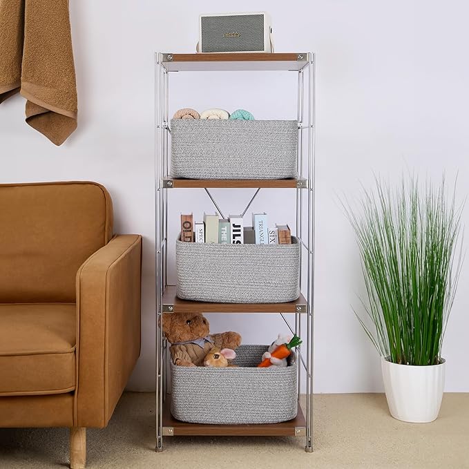 MiniArk Large Storage Baskets for Shelves, Closet Organizer Bins for Clothes, Blankets, Towels, Baby Nursery, Toy Baskets Box, Woven Rope Baskets, 17 x 13 x 7.5”, 3 Packs Mixed Grey