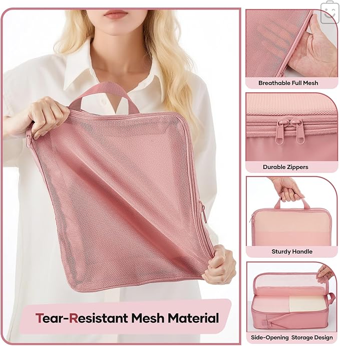 Veken 6/9/11 Set Compression Packing Cubes for Travel Essentials,Compressible Expandable Large Luggage Suitcase Organizer Bags for Clothing,Durable Space Saver Storage Bags(Pink)