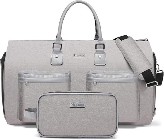 Modoker Convertible Garment Bag with Shoulder Strap, Carry on Garment Duffel Bag for Men Women - 2 in 1 Hanging Suitcase Suit Travel Bags, Light Grey