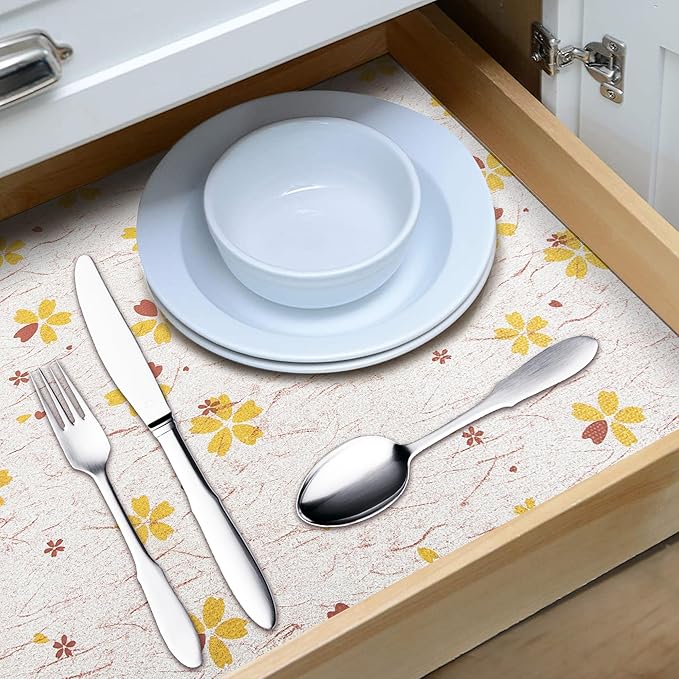 RAY STAR 18X96 Inch Shelf Liner for Kitchen Cabinets, Non-Adhesive Cabinet Liner Washable, PVC Drawer Liner for Dresser Non-Slip Bathroom (Yellow-Floral)(4 Roll)