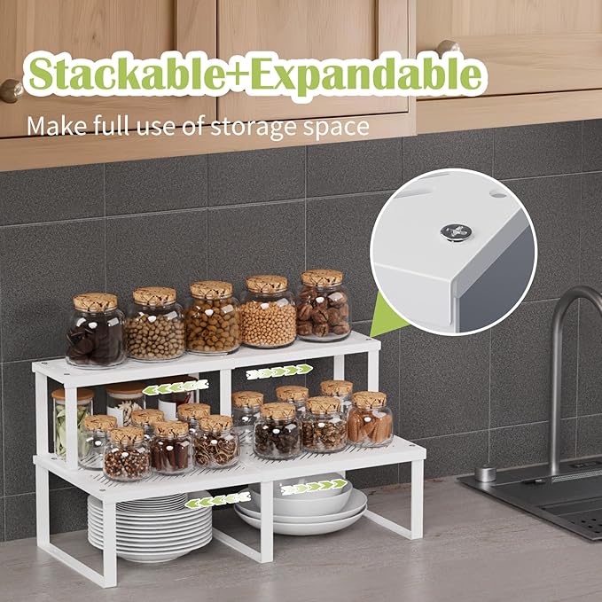 2 Pcs Stackable Kitchen Cabinet Shelf Organizer Counter Shelf Pantry Dishes Storage Shelves Rack