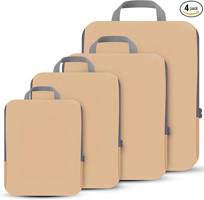 4 Set Compression Packing Cubes Travel - Travel Accessories Expandable Packing Organizers for Carry On - Essentials Luggage Bags - Brown