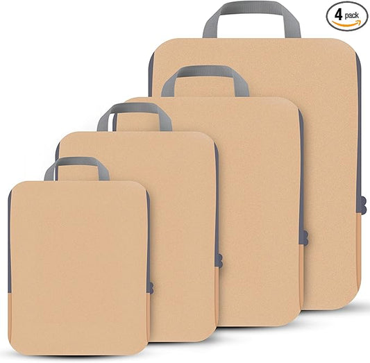 4 Set Compression Packing Cubes Travel - Travel Accessories Expandable Packing Organizers for Carry On - Essentials Luggage Bags - Brown