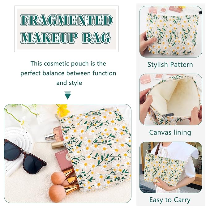 ZLFSRQ Daisy Flower Makeup Bag Travel Cute Floral Cosmetic Bag for Women Girls Small Embroidery Makeup Zipper Portable Storage Toiletry Pouch for Purse Aesthetic Christmas Essential Cosmetic Organizer