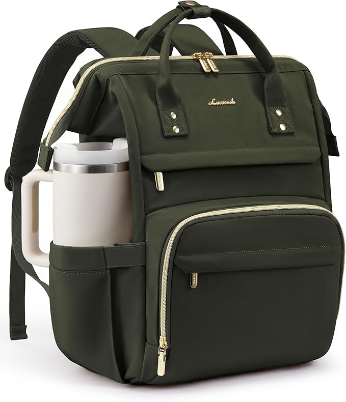 LOVEVOOK Laptop Backpack for Women with Giant Tumbler Holder Pocket,18 inch Waterproof Travel Backpack Purse Computer Laptop Bag,Professional Work College Nurse Teacher Backpack Daypack,Olive Green