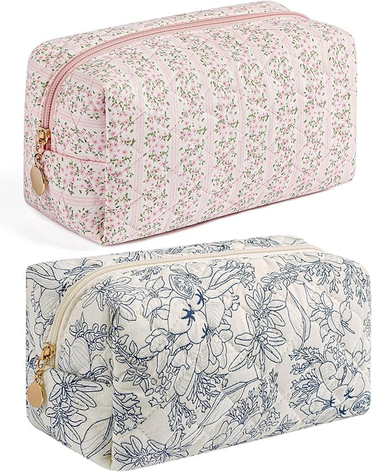 HHQQWZ Makeup Bag Travel Cosmetic Bag for Women, Zipper Make Up Pouch, Floral Flowers Toiletry Organizer, Portable Storage Bag, Cosmetic Travel Cloth Bag (Pink+Navy Blue Flower)