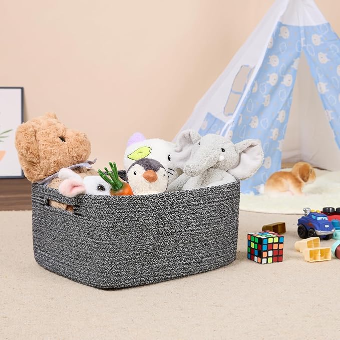 MiniArk Large Storage Baskets for Shelves, Closet Organizers Bins for Clothes Blanket Towels, Baby Nursery, Toy Baskets Box, Woven Rope Baskets, 17 x 13 x 7.5”, 3 Packs Dark Gray