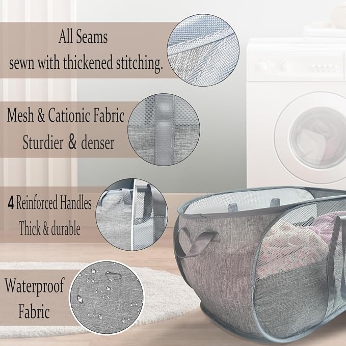 Upgraded 100L Extra Large Mesh Pop Up Laundry Hamper, Dirty Clothes Hamper with Reinforced Handles, Pop-up Hampers for Laundry Travel. Dorm or Home Portable Laundry Basket. Grey