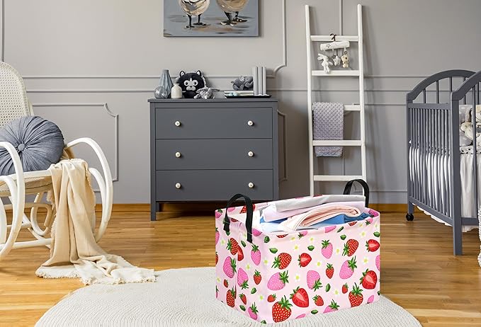Rec Strawberry Print Storage Box Clothes Hamper Basket Collapsible Organizer Bin Gift Shelf Baskets for Home and Kitchen Storage.