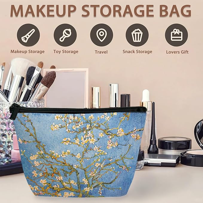 Blossoming Almond Tree Cosmetic Bag Flower Makeup Bags,Travel Make up Bags for Women Girls Cute Zipper Pouch Toiletry Organizer Bag Travel Essentials