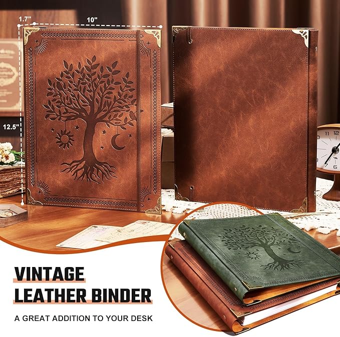 Ovesmusl Leather 3 Ring Binder Fits 8.5"x11" Letter Size Paper, 1 Inch Round Ring Binder Holds 200 Sheets, Notepad Paper Cover Loose Leaf Organizer, Brown Tree