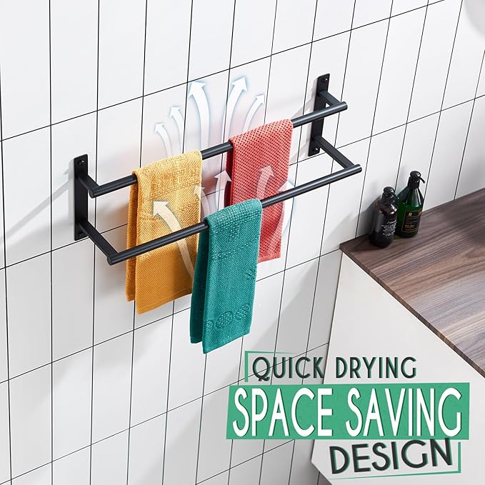 KOKOSIRI 20 Inch Double Towel Bar Bath Towel Racks Bathroom Towel Holder Towel Storage Towel Shelf Wall Mounted Stainless Steel Matte Black B5010BK-L20
