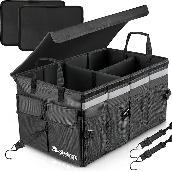 Starling's Car Trunk Organizer Super Strong, Foldable Storage Cargo Box for SUV, Auto, Truck Nonslip Waterproof Bottom, Fits any Vehicle, Comes with Adjustable Tie-Down Straps with Lid (Black, 2