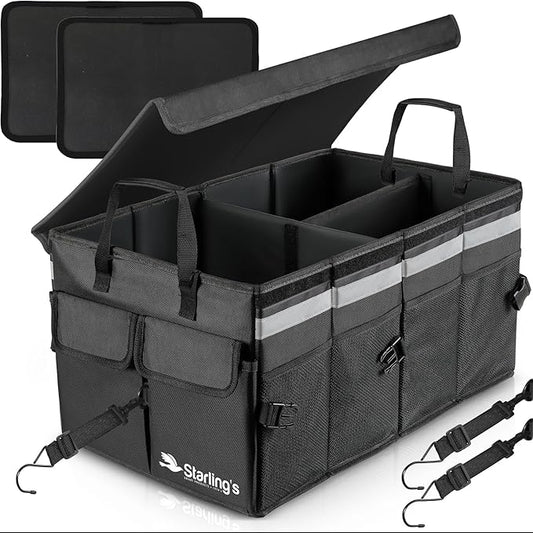 Starling's Car Trunk Organizer Super Strong, Foldable Storage Cargo Box for SUV, Auto, Truck Nonslip Waterproof Bottom, Fits any Vehicle, Comes with Adjustable Tie-Down Straps with Lid (Black, 2
