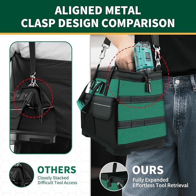 Tool Bag 16 Inch Heavy Duty, 18-Pocket Molded Bottom Toolbox Organizer, Portable Waterproof, Upgraded Handle Tool Bag with Adjustable Shoulder Strap for Mechanics, DIY, Dad Birthday Gift