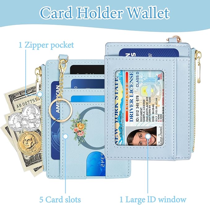 Credit Card Holder for Women Slim Minimalist Front Pocket RFID Blocking Wallet Small Compact Card Case with ID Window Zipper Pocket, Personalized Bridesmaid Gifts for Mom,O (Blue)