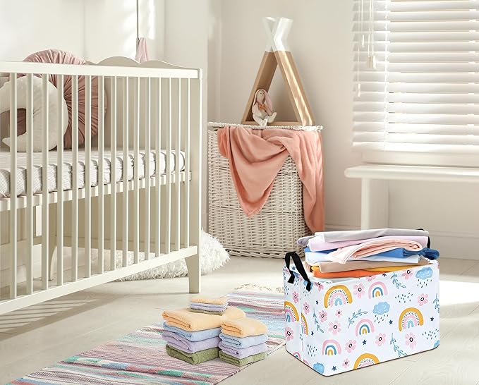 Rec Rainbow Print Box Hamper Storage Basket Collapsible Organizer Bin Gift Shelf Baskets for Home and Kitchen Storage