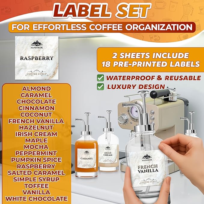 Set of 4 Glass Syrup Bottle with Pump 16.9oz 500 ml – Thick Glass Syrup Dispenser with 18 Marked Labels, Leak-Proof, Easy Cleaning – Coffee Bar Essentials for Home | Event Ready (Silver Pumps)