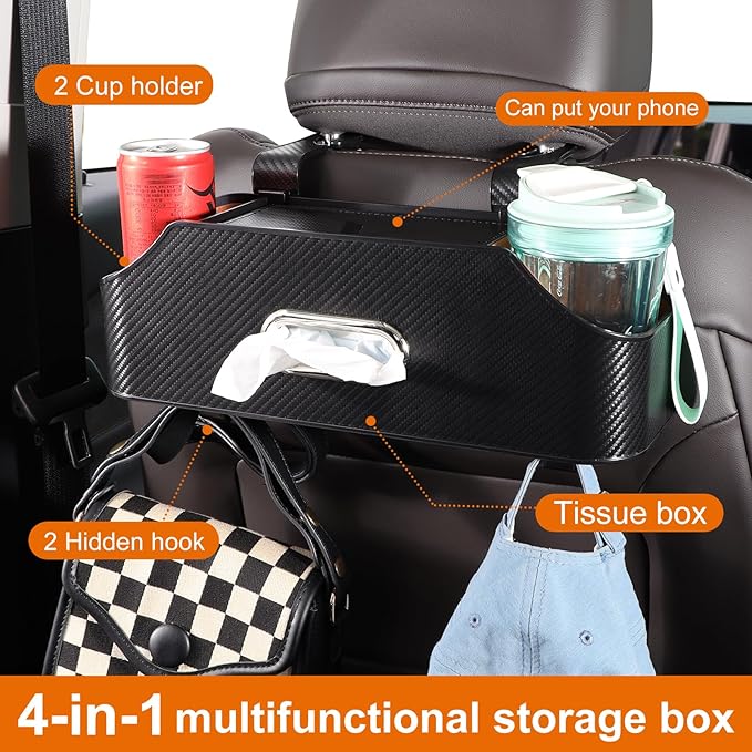 Sancaral Car Rear Backseat Extra Multifunctional Drink Cup Holder Organizers with Tissue Storage Box Organizer & Hooks for Car Seat Back. imitation carbon fiber texture