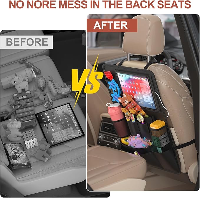 Backseat Car Organizer with Touch Screen, 2 PACK Car Organizer Kick Mats Back Seat Protector with 10pcs Storage Pockets, Car Seat Back Organizers Storage for Kids Road Trip Essentials