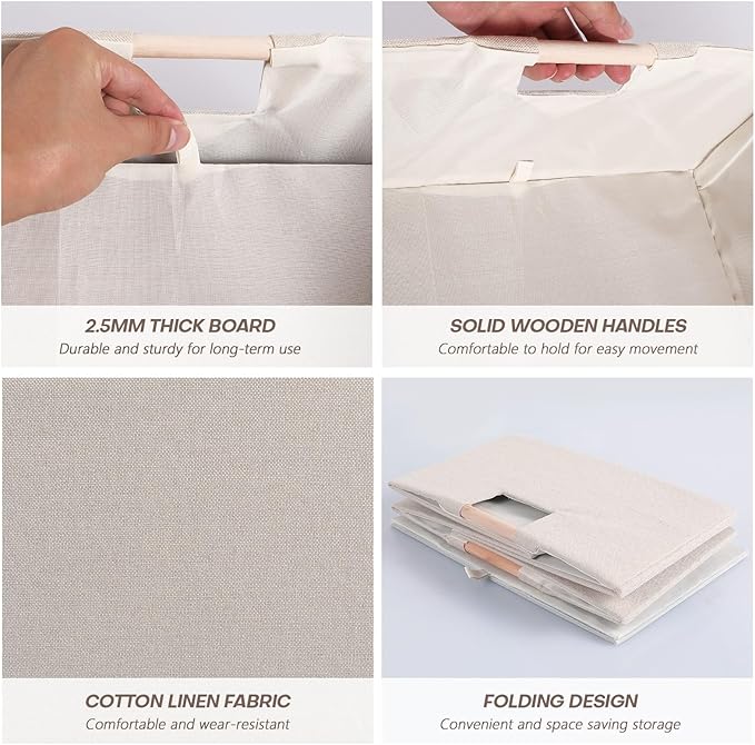 Fabric Storage Bin Box Foldable Cotton Linen Storage Basket with Wooden Handles Rectangular Cube Decorative Home Laundry Organizer Clothes Blanket Container - Beige, Large