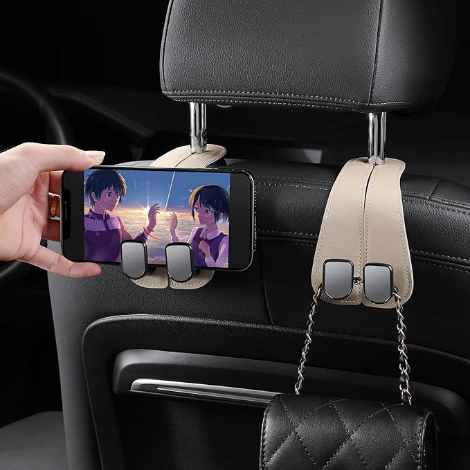 2 Pack KAFANLIN Car Headrest Hooks for Purses and Bags Cute Leather Car Seat Back Head Rest Double Hooks for Bags Cute Pink Beige Car Accessories Headrest Back Seat Handbags Hook (Pink 2 Pack)
