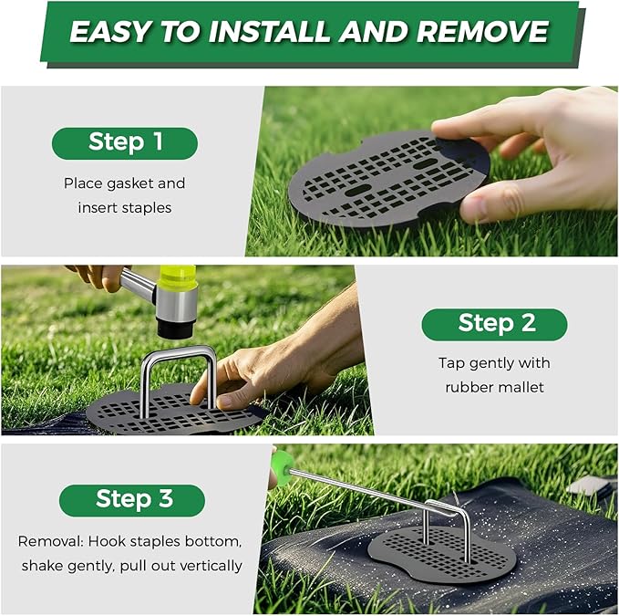 200Pcs Garden Staples +200Pcs Gasket +Pick Hook +Rubber Mallet, 6 Inch Landscape Fabric Stakes Galvanized Weed Barrier Stakes 11 Gauge Landscape Pins U Shape Lawn Staples for Yard, Turf, Sod, Weed Mat