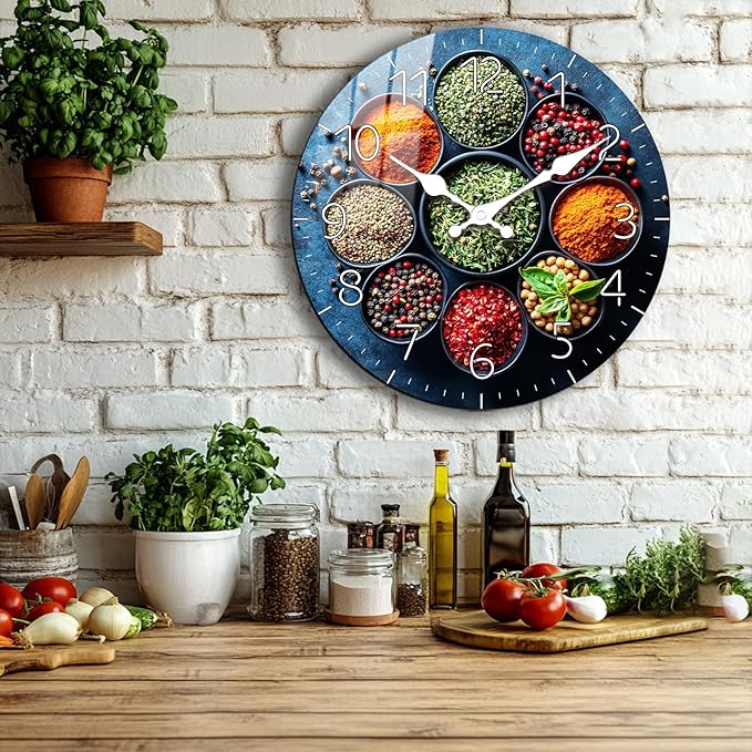 10 Inch Spice Kitchen Wall Clock - Decorative Herb & Spice Design Analog Wall Clocks, Rustic Farmhouse Silent Wall Clock Non Ticking Battery Operated for Bathroom Living Room Wall Décor
