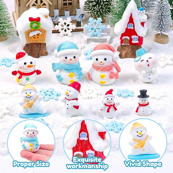 20 Pcs Mini Christmas Snowman Figurines with Winter House Snowflakes Tiny Little Xmas Resin Snowmen Miniature Figures for Holiday Crafts Garden Micro Landscape Home Table Decor