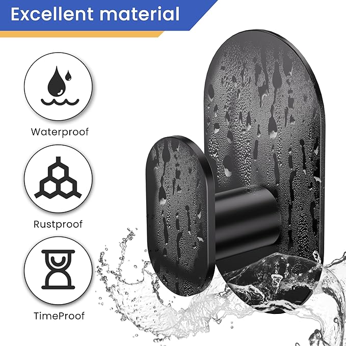 Aikzik Adhesive Hooks, 26LB Extra Strong Heavy Duty Wall Hooks for Hanging Coat, Robe, Towel, Dogs' Leads and Collars Stainless Steel Waterproof Stick on Bathroom/Shower, Door - 2 Pack (Matte Black)
