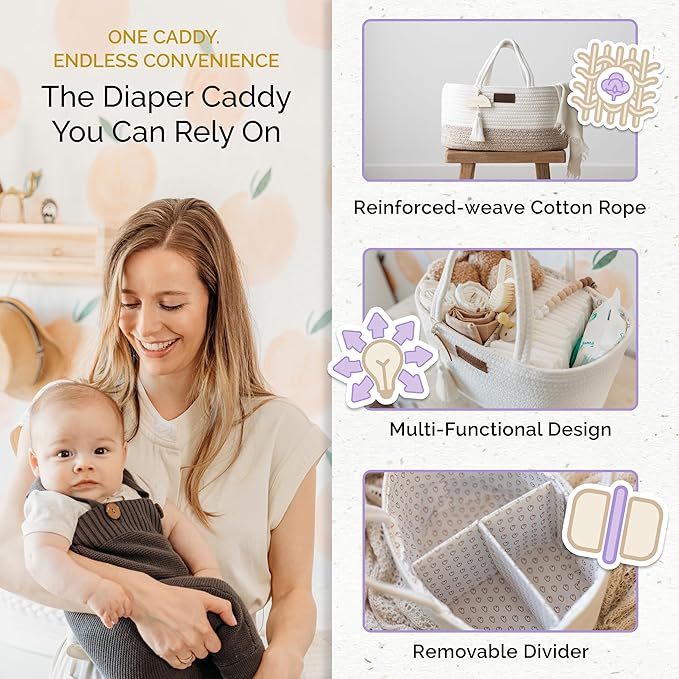 Baby Diaper Caddy Organizer, Portable Nursery Storage Basket with Sturdy Handle Diaper Caddy Basket, Car Caddy for Diapers and Baby Wipes, Newborn Essentials
