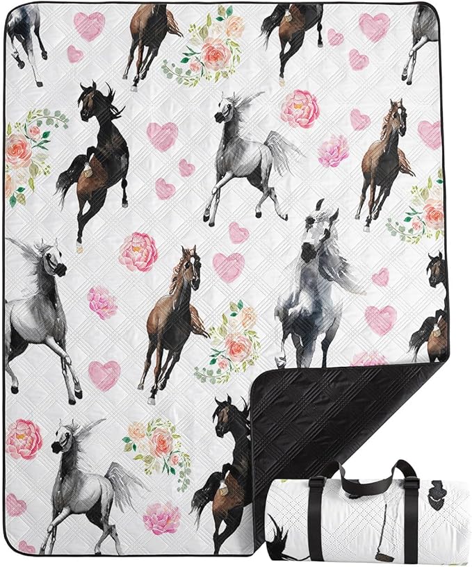 Outdoor Picnic Blanket, Portable Sandproof Waterproof Picnic Mat, Galloping Horses Printed Camping Beach Mat for Sand and Wet Grass Hiking (Galloping Horses S)