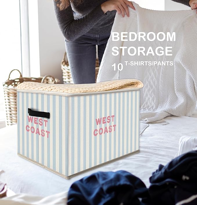 Western Beach Storage Bins Box with Handles, Coastal Cowgirl Room Decor, Preppy Beachy Collapsible Fabric Storage Basket Box Organizer for Bedroom Bathroom Clothes Toys Books