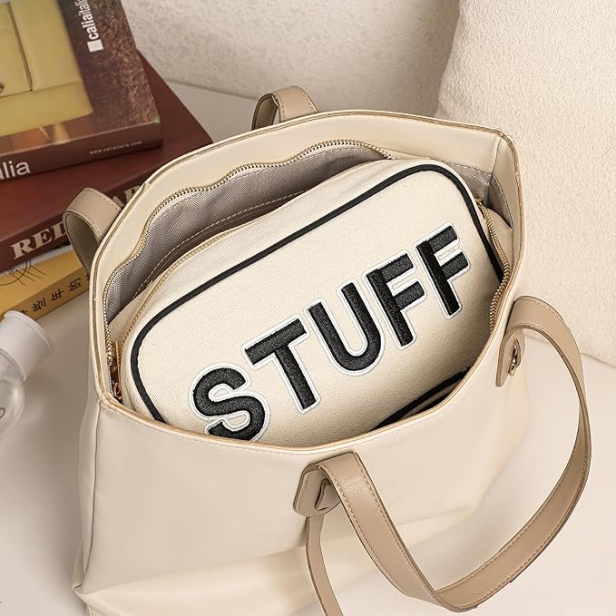 uekeboag Canvas Chenille Letter Stuff Makeup Bag,Small Travel Washable Organizer Bag for Purse with Zipper, Cute Personalized Preppy Cosmetic Bag For Women and Girls(01Black-Stuff)