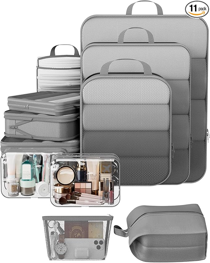 Veken 11 Set Compression Packing Cubes for Travel Essentials,Compressible Expandable Large Luggage Suitcase Organizer Bags for Clothing,Durable Space Saver Storage Bags with Toiletry Bags(Gray)