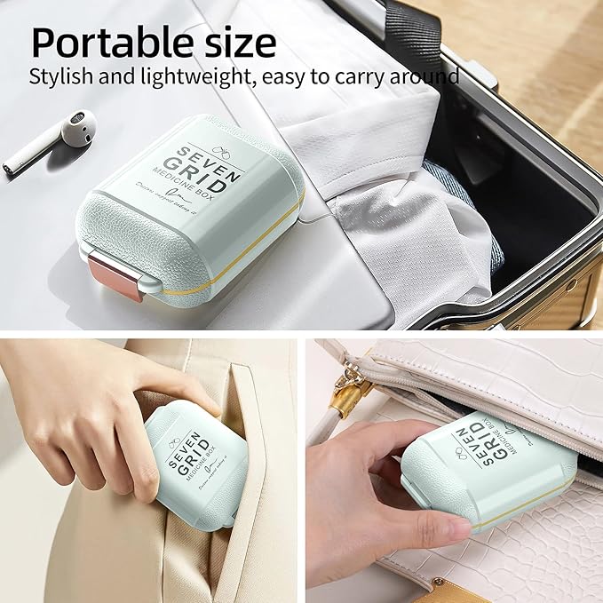 Portable Pill Organizer, Pill Box with 7 Compartments, Small Pill Case for Travel, Daily Medicine Pill Organizer with Air-Tight Lid, BPA-Free Material Small Pill Container (Green)