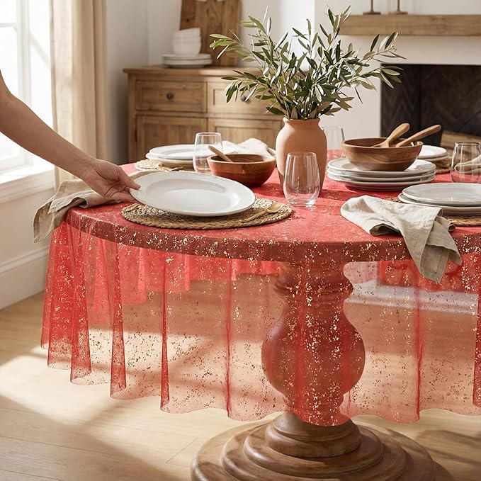 Horaldaily Red Gold Gauze Tablecloth 60x60 Inch Round, Red Sequin Glitter Metallic Foil, Sheer Tulle Cheesecloth for Wedding Baby Shower Ceremony Birthday