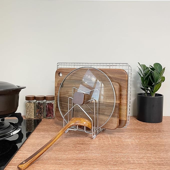 2 Pack Pot Lid Organizer Cutting Board Holder Inside Cabinet 304 Stainless Steel Pots and Pan Organizer Under Cabinet Pot Cover Cookie Sheet Bakeware Serving Tray Cooling Rack Stand Kitchen Countertop