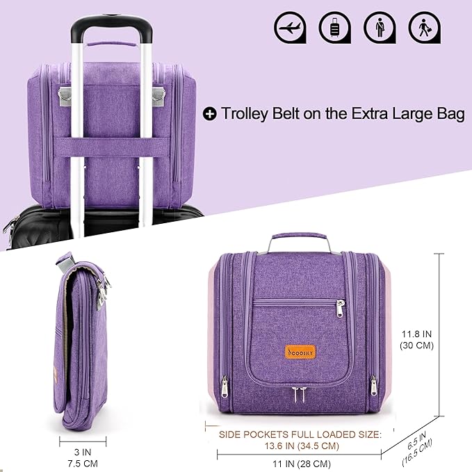 Travel Hanging Toiletry Bag for Women and Men, 6 Organizer Compartments, Holds Full Size Bottles, Extra Large Cosmetic Accessories, Makeup Essentials, Bathroom Water-Resistant Toiletry Bag, Purple
