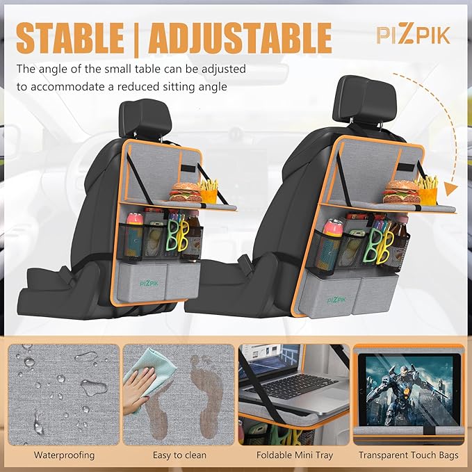 Car Backseat Organizer with Tablet Holder, 11 Storage Pockets with Foldable Food Tray, Protector Kick Mats for Kids, Travel Accessories Organizer (Orange, 2-Pack with Food Tray)