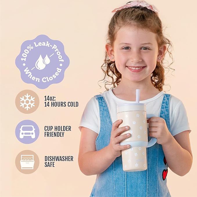 Ello Oasis 14oz Stainless Steel Toddler Tumbler with Handle & Retracting Straw, 100% Leakproof, Double-Wall Vacuum Insulated, Kids Water Bottle for School, BPA Free, Dishwasher Safe, Orange Daisies