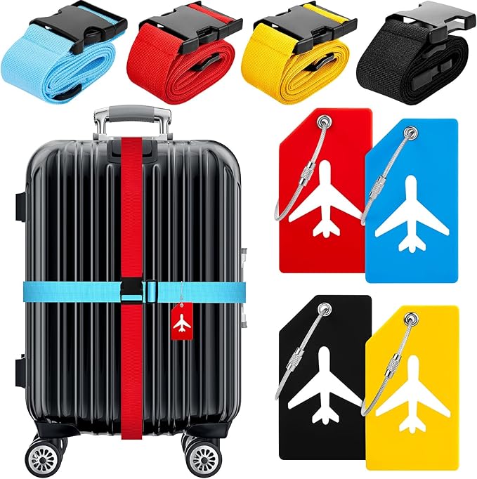Weewooday 8 Pcs Luggage Straps Suitcase Tags Set for TSA Approved, 4 Travel Adjustable Suitcase Belt, 4 Silicone Luggage Tags with Name ID Card Travel Accessories(Red, Blue, Black, Yellow,Airplane)