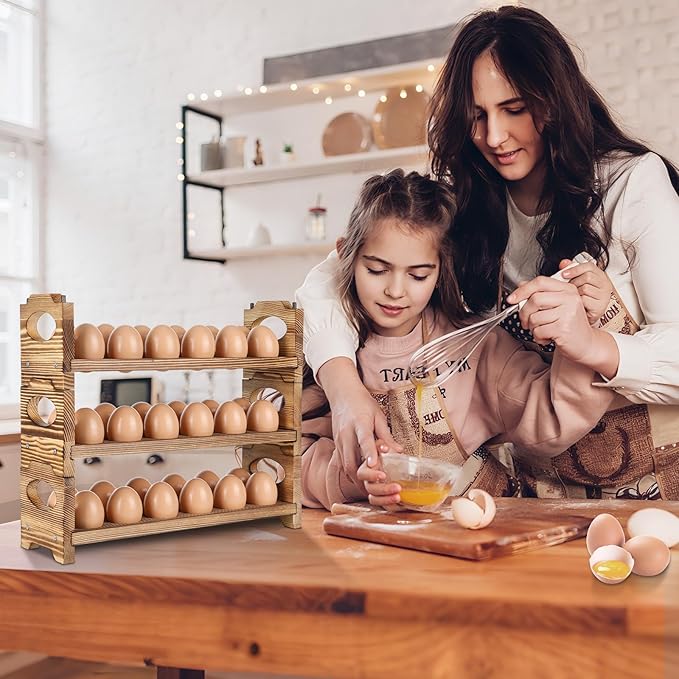 AOOHOOA Wooden Egg Holder & Storage-3Tier /36-Hole Stackable Holds Fresh Eggs, Farmhouse Eggs Rack Wood, Rustic Countertop Chicken Egg Organizer Wood with Distressed Finish for Home Kitchen Decoration